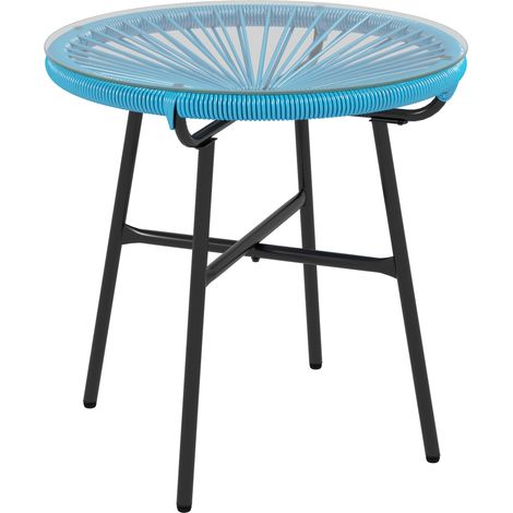 Table basse ronde extérieur résine rotin, plateau verre trempé Ø 50 cm, piètement métal, hauteur 50 cm (1/5)