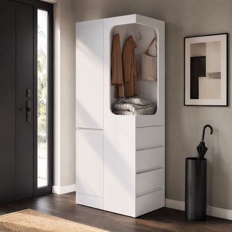 MEUBLIV Armoire 70 x 40 x 170 cm blanc/bois – avec 4 tiroirs et penderie ouverte (1/5)