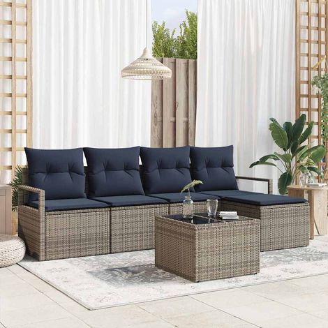 Sofa Set mit Kissen Grau Poly Rattan
