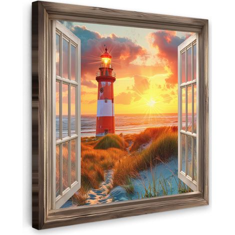 TABLEAU SUR TOILE Vue - Fenêtre - Phare - Coucher de soleil - Plage Tableau Chambre Adulte 90x90 cm