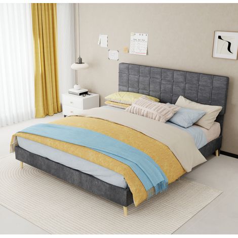Cama moderna de terciopelo gris 160x200 cm con cabecero acolchado de cuadros y patas de madera