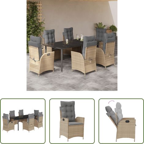 Gartenstuhl - 7-tlg. Garten-Essgruppe mit Kissen Beige Poly Rattan (1/5)