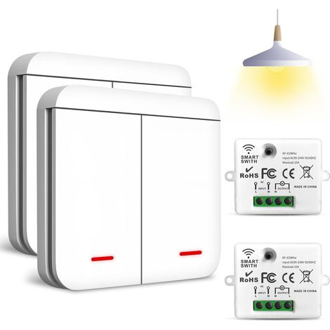 433Mhz Interrupteur D'éclairage Sans Fil, Interrupteur Va et Vient Sans Fil avec Récepteur- 2200W/10A (Kit 2pièce 2 in 1 interrupteurs + 2 récepteurs), Commutateur Mural Intelligent sansFil (1/5)