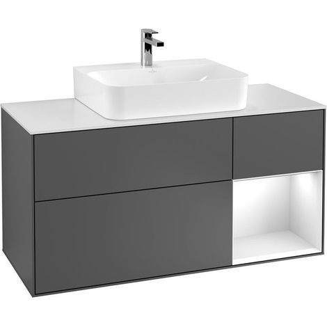 Finion, Muebles de baño, 1200 x 603 x 501 mm, Angular, con estantería (iluminada), modelo suspendido, En madera, lavabo en el medio, iluminación LED, 1x LED / 2.3W, 2700 K a 6480 K, Lacado Blanco Bril