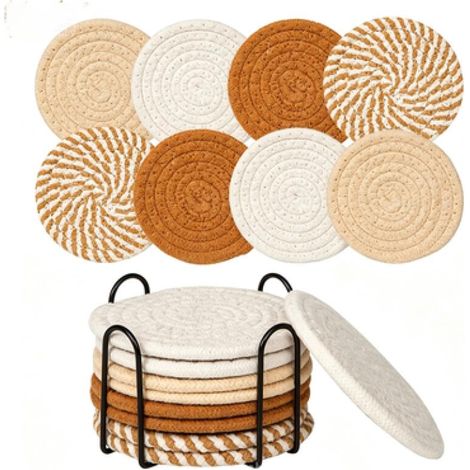Juego de 8 posavasos absorbentes con base, de algodón, que miden 11 x 11 x 7,3 cm, en color blanco café. (1/5)