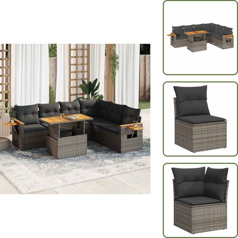 The Living Store 7-tlg. Garten-Sofagarnitur mit Kissen Grau Poly Rattan Akazie - Gartentisch (1/5)