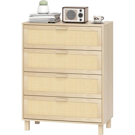 Kommode mit 4 Schubladen und Rattanbespannung, 80 x 40 x 103 cm, helles MDF
