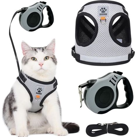 Katzengeschirr mit einziehbarer Leine, verstellbares Kätzchengeschirr, atmungsaktiv und reflektierend, mit 3 m langer einziehbarer Leine, für Katzen und kleine Hunde (1/5)