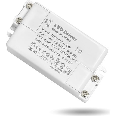 Transformateur 220V 12V LED 15W, alimentation 12v 1.25A, Transfo AC à DC  convertisseur 220v 12v 15w, pour 12 Volt CCTV MR16 G4 MR11 GU5.3 Ampoule et Bande Lumineuse LED, Non Dimmable (1/5)