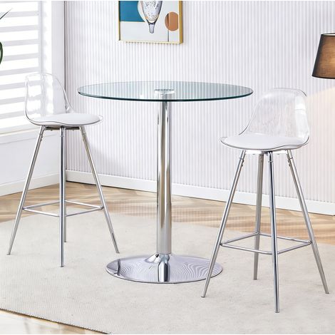 Set da pranzo alto con tavolo rotondo in vetro e metallo argento, trasparente, Ø 89 cm con 2 sgabelli bar (1/5)