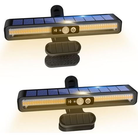 Lampes solaires d'extérieur, 2 lampes solaires avec pince, appliques murales LED lumineuses avec détecteur de mouvement, 3 modes d'éclairage, étanches, pour clôture, cour, garage, camping (1/5)