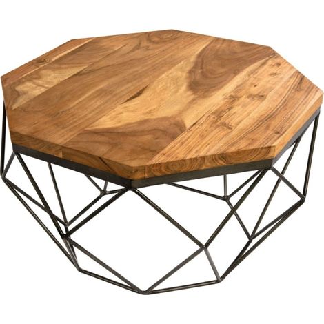 Table basse NEXORA 70 cm en bois de manguier massif et fer noir design géométrique
