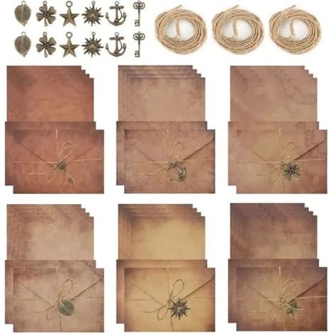 Ensemble de papeterie vintage, 60 pièces, papier kraft, enveloppes, accessoires métalliques, format A5, marron (1/2)