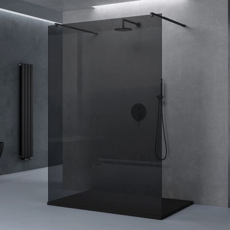 doporro® Duschwand Duschtrennwand 140x200 Walk-In Dusche schwarz mit Doppel-Stabilisator aus Echtglas 10mm ESG-Sicherheitsglas Vollgrau inkl. Nanobeschichtung (1/5)