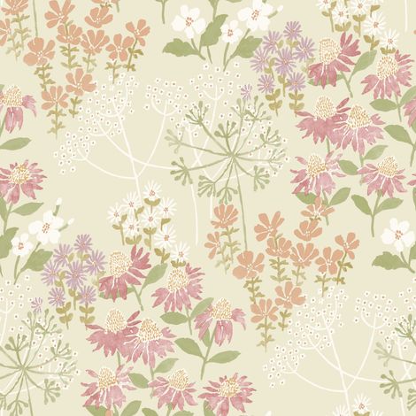 Pretty Floral Wallpaper Cream Pink Purple Watercolour Flowers Feature Wall (1/4)
