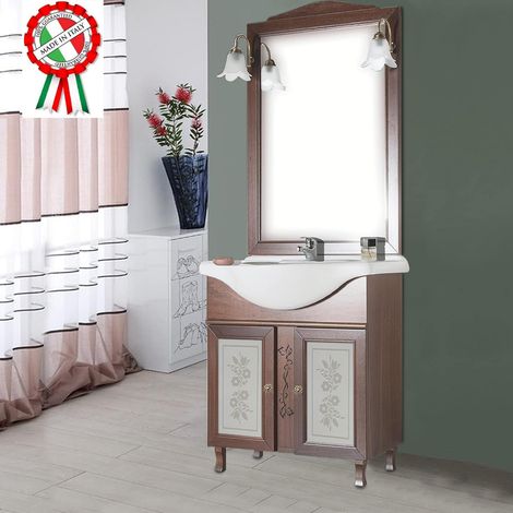 Mobile Da Bagno Noce Completo Modello Giada Ante Vetro 75cm Legno con Specchio (1/3)