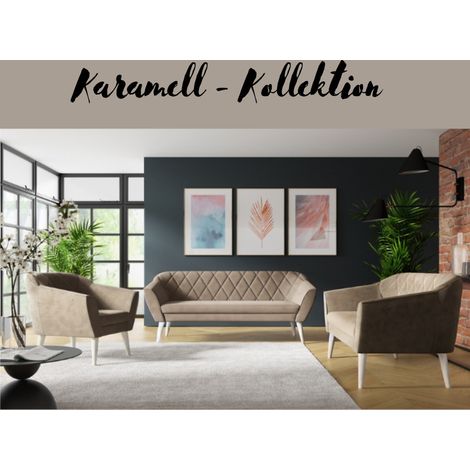 Couchgarnitur KARAMELL Wohnzimmerset 3+2+1 Sitzer Samt Hohe Holzfüße Weiss (1/5)