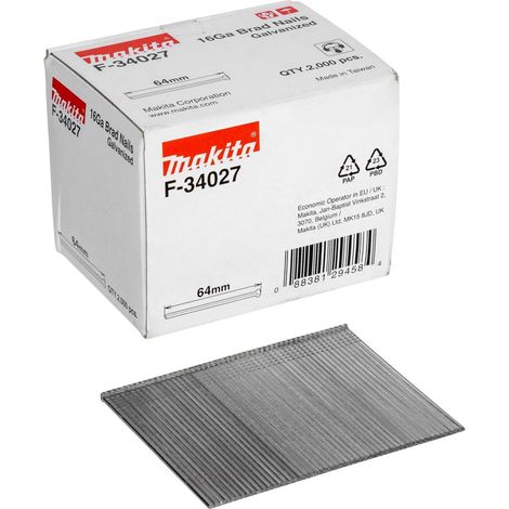 Makita – Clous à tête d'homme 64 mm F34027 – Galvanisés pour cloueur DBN600 – Ø 16 Ga – Tête vrillée pour renfoncement