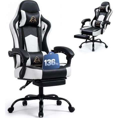 COLAMY Fauteuil Gaming en Similicuir PU, Assise Extra-Large de 52 cm, Dossier Inclinable de 102° à 135°, Repose-Pieds Extensible, Appui-Tête et Coussin Lombaire, Charge Maximale de 136 kg,blanc (1/5)