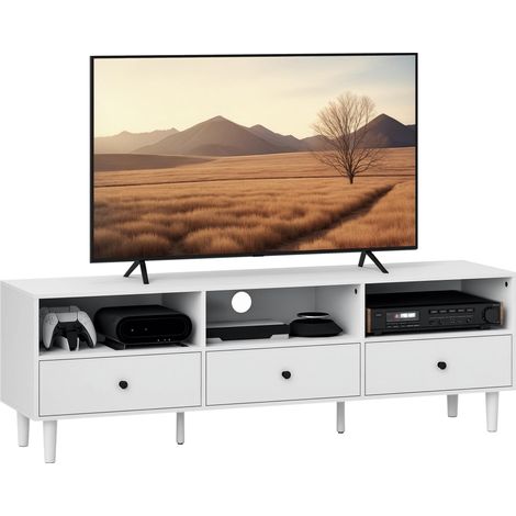 Meuble TV, console TV pour écrans de 75 pouces, 3 compartiments ouverts, 3 tiroirs, panneaux de particules, blanc