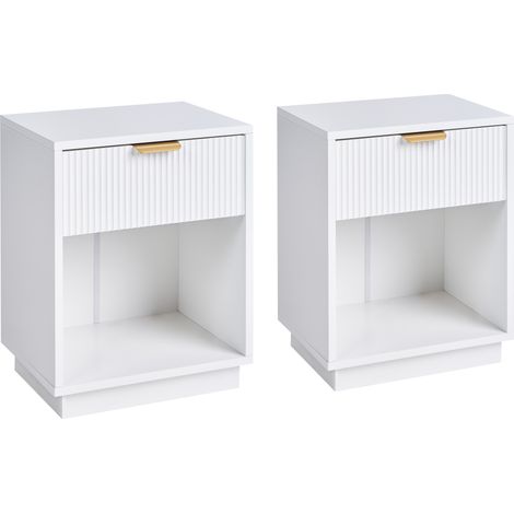 Conjunto de 2 mesitas de noche de MDF 1 cajón con frente acanalado asa dorada 1 estante blanco Summerville (1/5)
