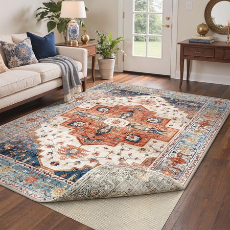 Tapis Salon Vintage 160x230cm Lavable en Machine Rug AntidéRapant Poil Ras, pour Chambre Salle a Manger Descente de Lit Bureau, Cuisine, Double Face (Taupe/Orange) (1/5)