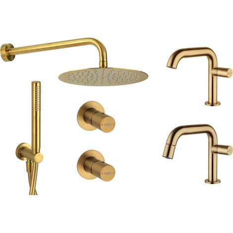Set completo di miscelatori lavabo e bidet con kit doccia colore ottone spazzolato Mamoli Tuttodunpezzo KITTDPG5 (1/5)