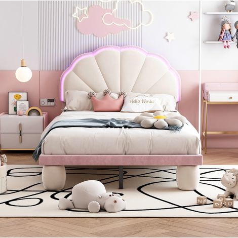 Cama individual infantil tapizada con LED multicolor, cabecero ondulado, terciopelo beige y rosa, 90x200 cm, somier de láminas (1/5)