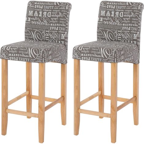 Set di 2 sgabelli da bar in tessuto grigio con fantasia scritta con piedi chiari e poggiapiedi TDB04075
