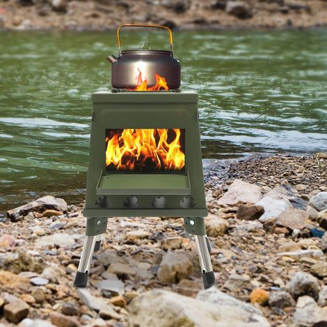 Réchaud de tente Réchaud de camping à bois Réchaud de camping portable Réchaud de camping pliable et résistant au vent Réchaud de tente à bois pour le camping, la pêche sur glace et la chasse, vert (1/5)
