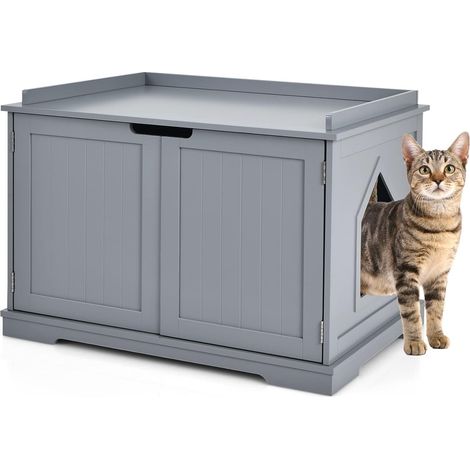 COSTWAY Casita para Gatos, Arenero para Gatos, Casita para Mascotas, Casa para Gatos, Recinto con Hoyo para Gatos, Caja para Animales con Estructura de Madera Resistente (Gris) (1/5)