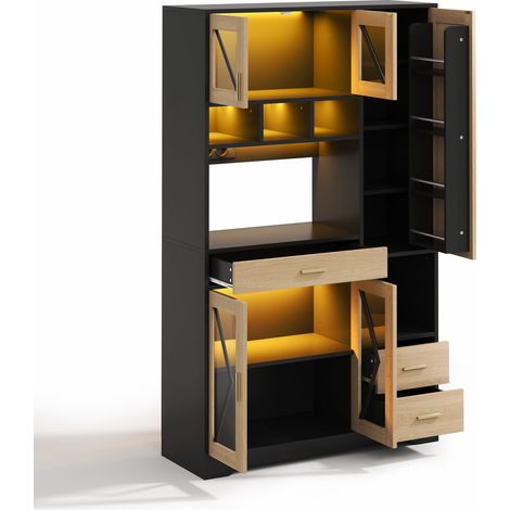 Vaisselier haut style grange avec LED et prises, armoire de cuisine vitrine avec tiroir et étagères réglables, buffet MDF, 185x105x40 cm