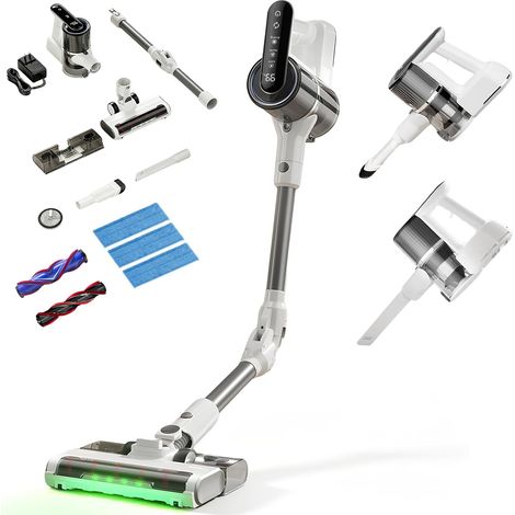 Aspirateur Balai Sans Fil, 15 000 Pa/40 000 RPM/30 Min, Aspirateur Laveur Autoportante avec Tube Pliable, Lumière Verte, Filtration Anti-Allergènes, pour Poils d'Animaux, Tapis, Sols Durs, Voiture (1/5)