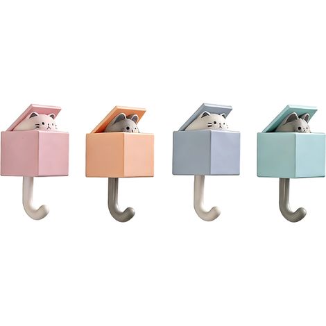 Adorables crochets muraux adhésifs chat pour mur et porte, originaux mignons déco maison pratiques pour suspendre manteau écharpe chapeau serviette clé lot de 4 (1/5)