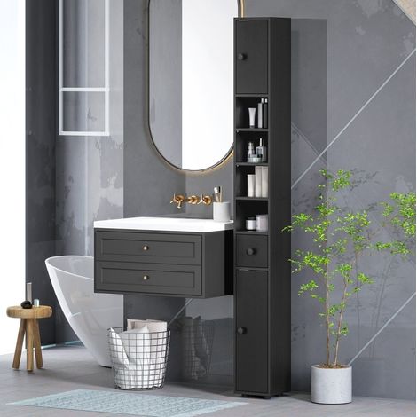 Schmaler Badezimmerschrank 180 x 20 x 20 cm mit offenen Fächern und 2 Schränken, Schwarz OKMYHOME (1/5)