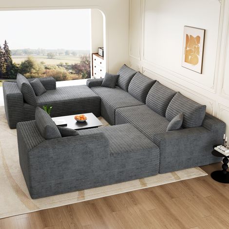 Cómodo sofá de pana (302 x 242 cm), de estilo minimalista moderno, relleno de espuma, ideal para el salón. Sofá cama modular sin estructura, gris oscuro. (1/5)