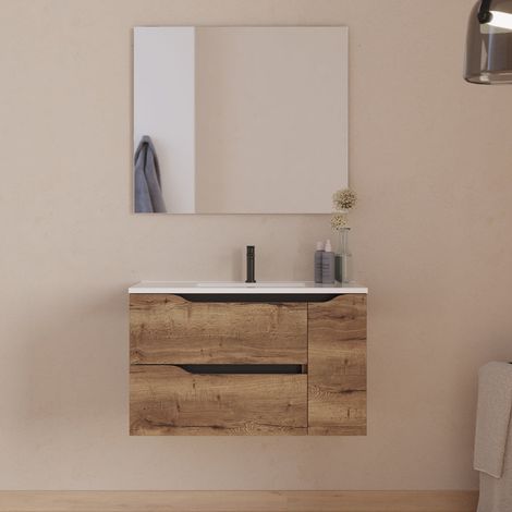 Meuble de salle de bain 80cm avec vasque centrée - 2 tiroirs et un placard - tabaco (bois foncé) - ZARZA