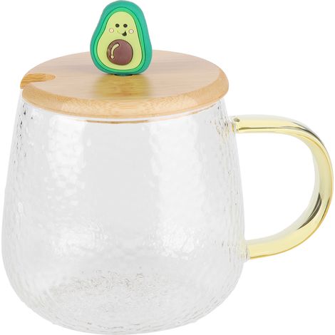 Tasse mignonne en verre borosilicate de haute qualité, résistante à la chaleur, de 400 ml, avec cuillère en acier inoxydable et couvercle en bambou (Avocat) (1/5)