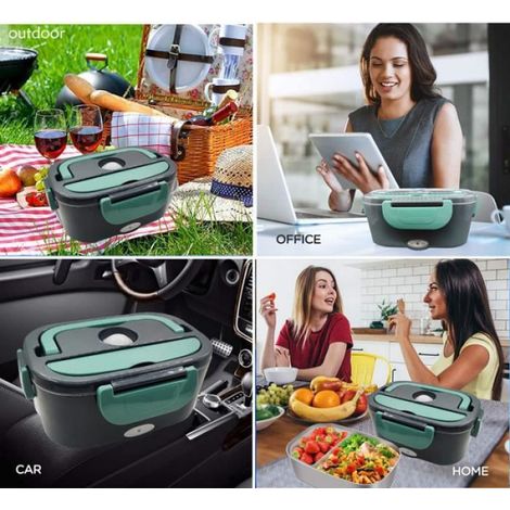 Boîte Chauffante Repas 2 en 1 Lunch Box Chauffante Electrique 220V 12V Convient pour Voiture/Bureau/Pique-Nique -vert foncé (1/4)