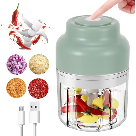 Coupe-Oignon, Hachoir à oignons électrique 320 ML, Hachoir électrique Multifonction sûr et Tranchant, Coupe-Oignon électrique pour légumes, Fruits, oignons, ail, Persil, Viande hachée (1/5)