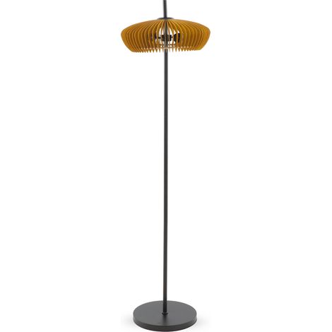 Lampadaire tulipe en contreplaqué couleur miel avec base en métal noir (1/3)