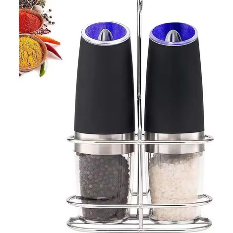 Molinillo eléctrico de pimienta y sal - Molinillo automático de pimienta y sal de acero inoxidable - Funciona con pilas - Mezclador de especias con luz LED (1/3)