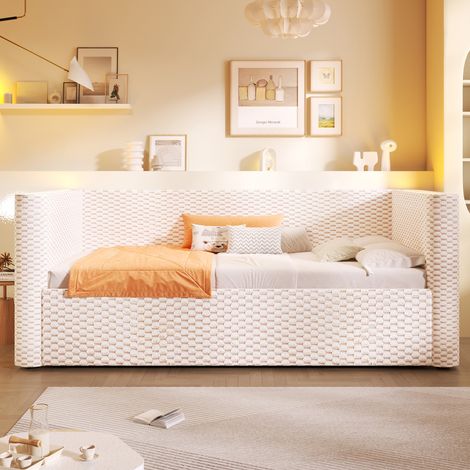 Lit de jour, canapé-lit, 90 x 200 cm, avec éclairage LED, mécanisme de rangement hydraulique, sommier à lattes (sans matelas), velours, beige (1/5)