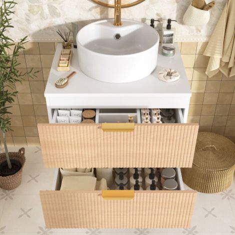 Meuble de salle de bain mural 60 cm – Grand volume de rangement : 2 tiroirs + plan – Organisation optimale pour petite salle d’eau (1/4)