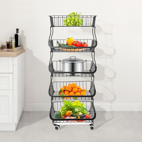 【Maison connectée】Chariot à étagères à 5 niveaux, étagère de cuisine, empilable, panier à légumes, panier à fruits, panier de rangement (1/5)