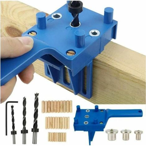 41 PCS Gabarits de Perçage Cheville Gabarit de Percage Tourillon Kit Gabarait de Goujon Menuiserie à Trou Droit avec Centreur Tourillon 6/8/10mm pour Goujon en Bois à Main (Bleu) (1/5)