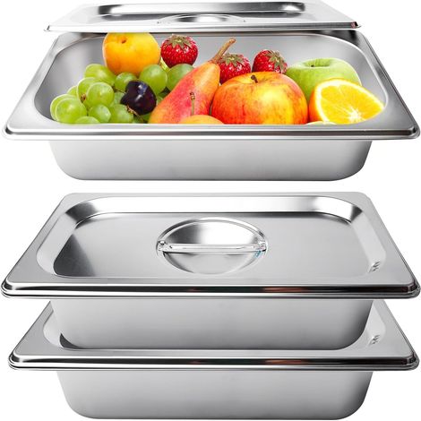 Bac Gastro Inox GN 1/3, Set de 3 Bacs Gastronomiques Inox avec Couvercles, Plat Inox avec Couvercle, 32,5x17,6x6,5cm Plat Inox GN 1/3 pour Panure, Cuisine Pro, Service