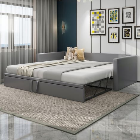 Canapé-lit capitonné velours gris 90x200 cm extensible 180x200 sommier lattes, confort doux (sans Matelas) (1/5)