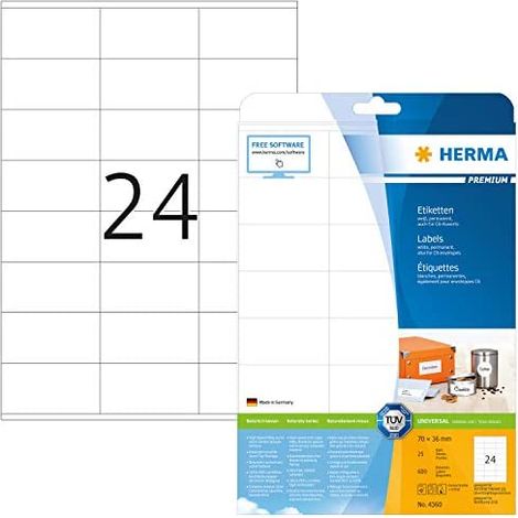 Herma 4360 Etichetta universale 70 x 36 mm Carta Bianco 600 pz. A tenuta permanente Stampante a getto d'inchiostro, Sta (1/5)