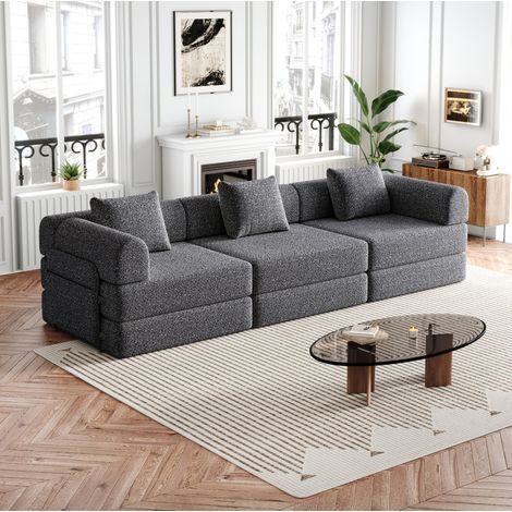 Chenille-Schlafsofa 2-in-1 mit Armlehnen-Staufach, 3 Metallrahmen, Grau HAVRYA (1/5)